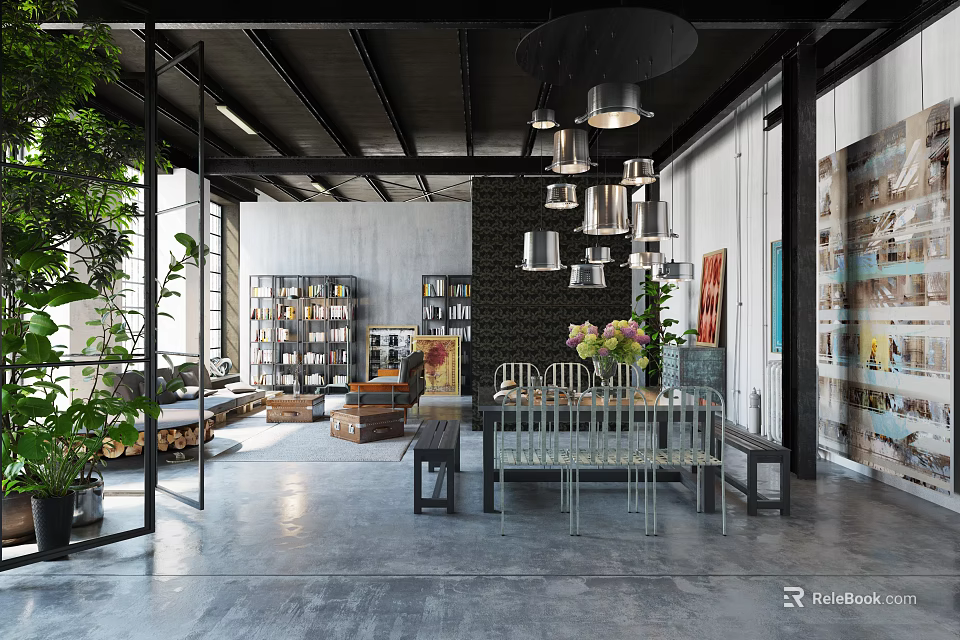 Modern Industrial Living Room Interior With Bookshelves Green Plants And Hanging Lamps 3d model 