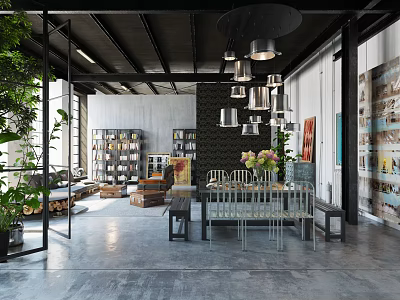 Modern Industrial Living Room Interior With Bookshelves Green Plants And Hanging Lamps 3d model