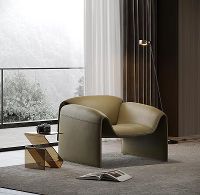 Modern Leather Leisure Chair In Olive Green With Floor Lamp And Scenic Window View 3d model