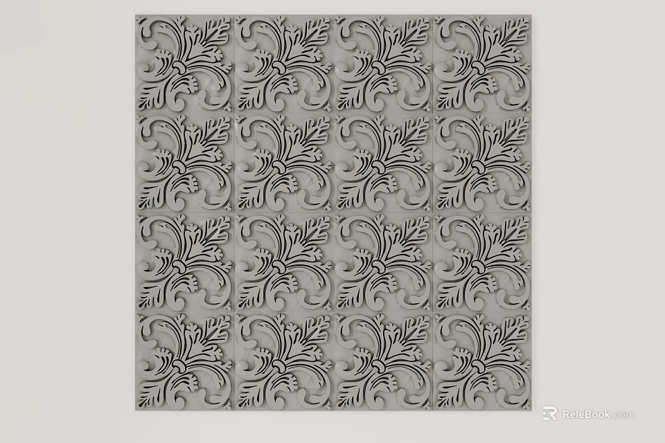 Intricate Carved Patterns With Repeating Leaf Motifs On Gray Decorative Panel 3d model 