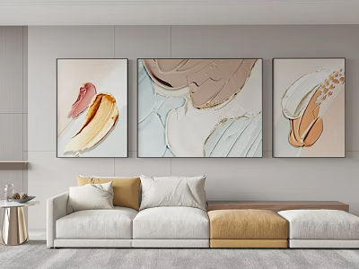 Abstract Paintings In Modern Living Room With White Sofa Pillows And Soft Tones 3d model