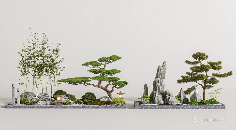 Japanese Karesansui Dry Landscape Garden With Rocks Pine Trees Bamboo And Lanterns 3d model 