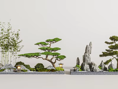 Japanese Karesansui Dry Landscape Garden With Rocks Pine Trees Bamboo And Lanterns 3d model