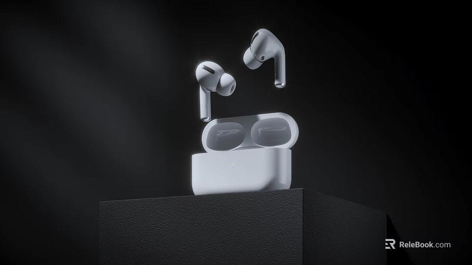Modern White Wireless Earbuds With Open Charging Case On Black Platform 3d model 