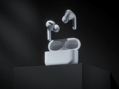 Modern White Wireless Earbuds With Open Charging Case On Black Platform 3d model