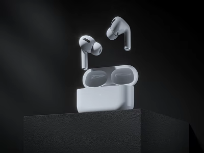 Modern White Wireless Earbuds With Open Charging Case On Black Platform 3d model