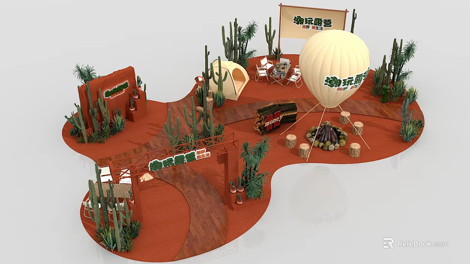 Cacti Plant Combination in Desert Themed Display Area With Wooden Pathway And Natural Elements 3d model 
