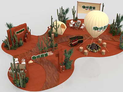 Cacti Plant Combination in Desert Themed Display Area With Wooden Pathway And Natural Elements 3d model