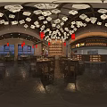 Traditional Chinese Restaurant Interior With Wooden Ceiling Red Drums Wine Racks Counter And Chandeliers