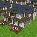 Semi Detached Villa Modern Exterior Design With Large Windows Wooden Deck Lawn And Greenery