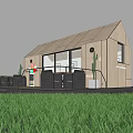Rural Self Built House Featuring Light Wooden Exterior Large Windows Green Lawn And Outdoor Furniture