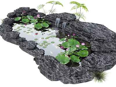 Rock Formation Pond Garden With Water Lilies Lily Pads Fish And Waterfall 3d model