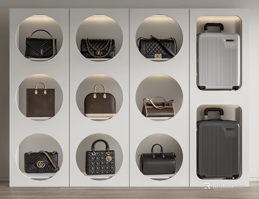 Luxury Leather Bags And Suitcases Collection In Wall Mounted Display Cabinet 3d model 