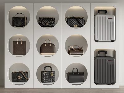 Luxury Leather Bags And Suitcases Collection In Wall Mounted Display Cabinet 3d model