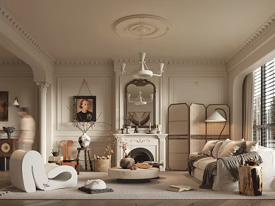 Elegant Classic Living Room Interior With Fireplace Ornate Mirror Sofa And Plush Rug 3d model