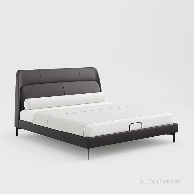 Modern Minimalist Double Bed With Leather Headboard Black Frame And White Mattress 3d model 