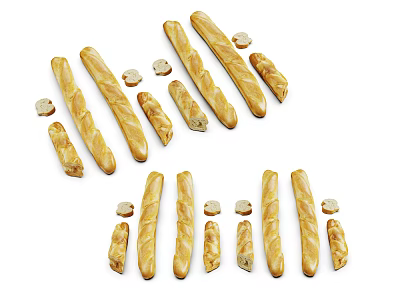 Long Baguettes and Small Round Rolls Arranged Neatly on White Background 3d model