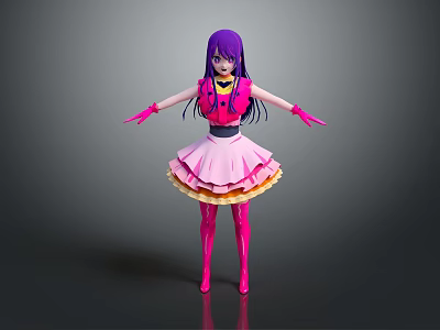 Anime Style Female Character With Purple Hair Pink Dress Yellow Trim Pink Boots Arms Outstretched 3d model