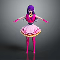 Anime Style Female Character With Purple Hair Pink Dress Yellow Trim Pink Boots Arms Outstretched