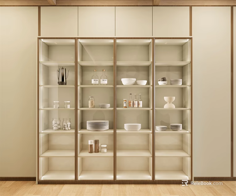 Modern Cream White Open Sideboard With Glass Doors And Displayed Bowls Plates Vases 3d model 