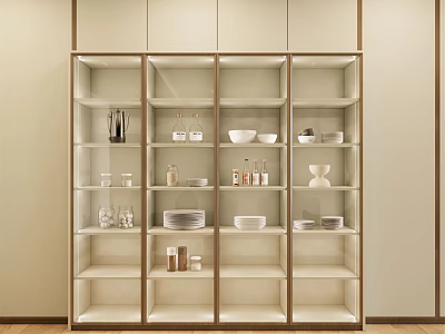Modern Cream White Open Sideboard With Glass Doors And Displayed Bowls Plates Vases 3d model