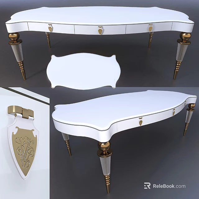 Elegant White Desk With Gold Accents Drawers And Carved Leg Details 3d model 