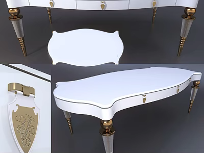 Elegant White Desk With Gold Accents Drawers And Carved Leg Details 3d model
