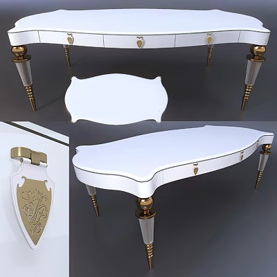 Elegant White Desk With Gold Accents Drawers And Carved Leg Details 3d model