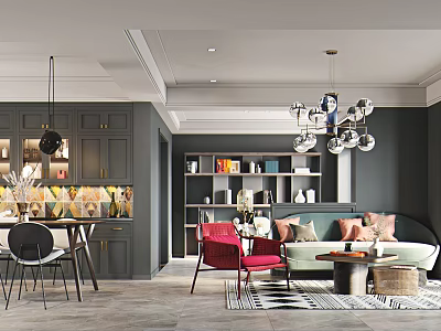 Modern Dining Living Room Interior Design With Dark Gray Cabinets Red Chair Sofa And Bookshelf 3d model