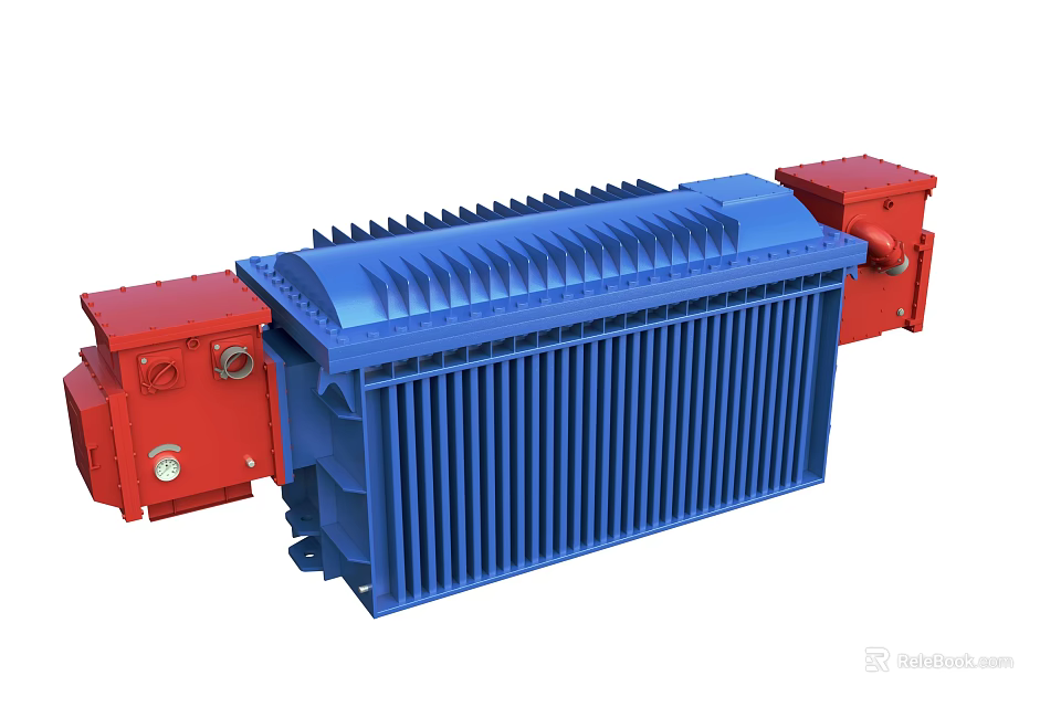 Industrial Transformer With Blue Main Body Red Side Components And Radiator Fins Structure 3d model 