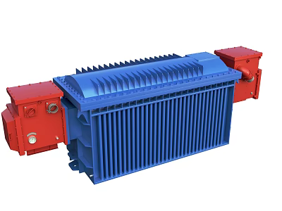 Industrial Transformer With Blue Main Body Red Side Components And Radiator Fins Structure 3d model