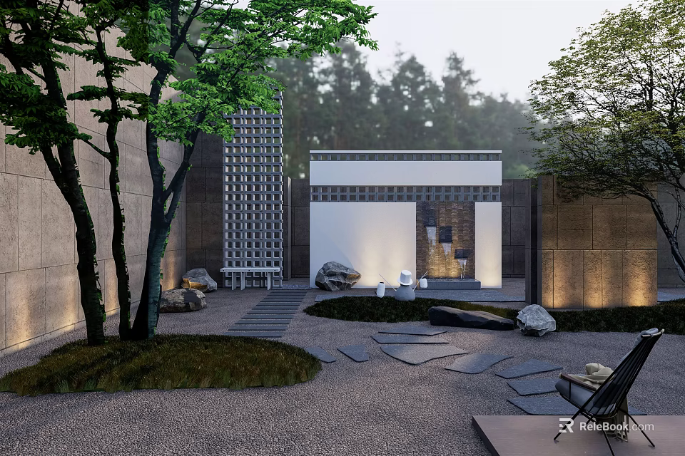Courtyard Garden Design With Natural Elements Trees Stone Path And Lighting 3d model 