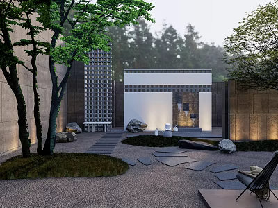 Courtyard Garden Design With Natural Elements Trees Stone Path And Lighting 3d model