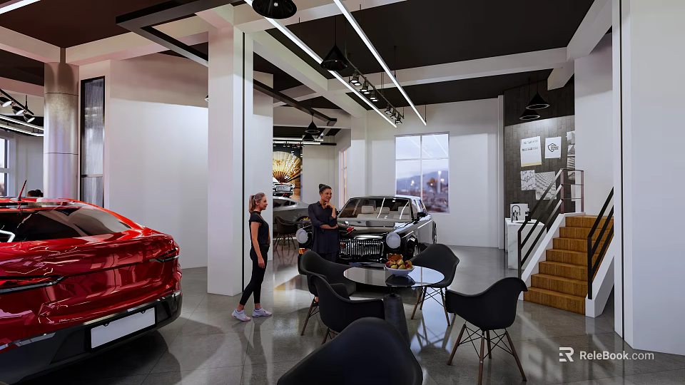 4S Dealership Showroom Interior With Red Car People Talking And Displayed Vehicles 3d model 