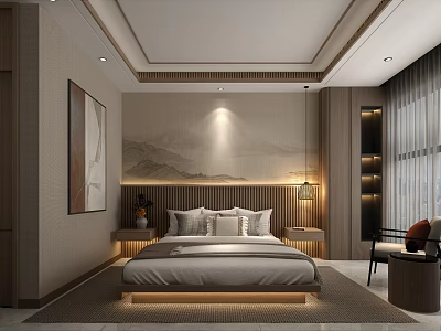 Elegant Modern Hotel Guest Room Interior With Chinese Landscape Painting Wooden Furniture And Pendant Light 3d model