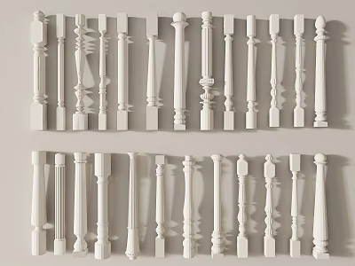 White Balusters With Various Decorative Designs For Staircase And Balcony Railings 3d model