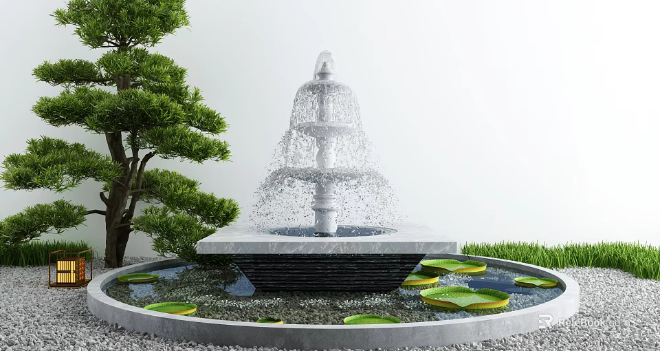 Elegant Garden Ornament With Tiered Fountain Pine Tree Water Pool Water Lily Leaves And Pebbles 3d model 
