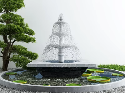 Elegant Garden Ornament With Tiered Fountain Pine Tree Water Pool Water Lily Leaves And Pebbles 3d model