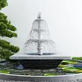 Elegant Garden Ornament With Tiered Fountain Pine Tree Water Pool Water Lily Leaves And Pebbles