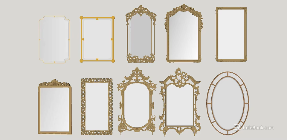 Various Decorative Mirrors With Gold Frames And Carved Designs In Different Shapes 3d model