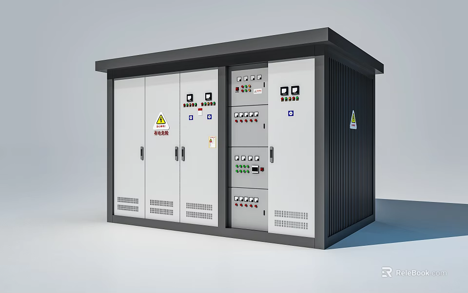 Public Utility Outdoor Electrical Control Cabinet With Gray Steel Structure Control Panels And Warning Signs 3d model 