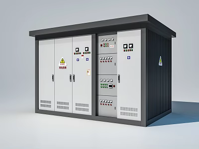 Public Utility Outdoor Electrical Control Cabinet With Gray Steel Structure Control Panels And Warning Signs 3d model