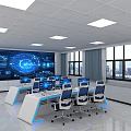 Monitoring Room Interior With Curved Console Desks Computer Monitors And Blue Chairs