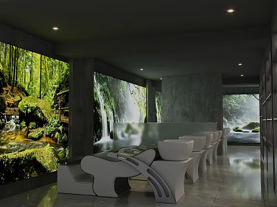 Beauty Hair Salon Interior Featuring Green Forest Waterfall Murals White Neatly Arranged Seats And Lights 3d model