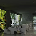 Beauty Hair Salon Interior Featuring Green Forest Waterfall Murals White Neatly Arranged Seats And Lights
