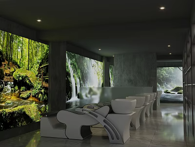 Beauty Hair Salon Interior Featuring Green Forest Waterfall Murals White Neatly Arranged Seats And Lights 3d model