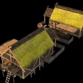 Traditional Wooden Houses With Thatch Roof And Rustic Wooden Frame Design