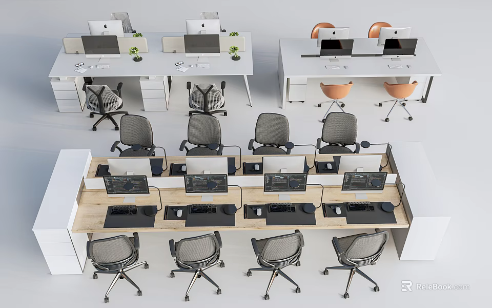 Modern Office Workspace Featuring Multiple Desks Computers And Ergonomic Office Chairs 3d model