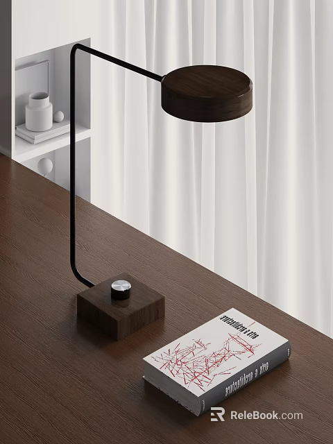 Modern Minimalist Table Lamp With Wooden Base On Wooden Desk And White Curtains 3d model 