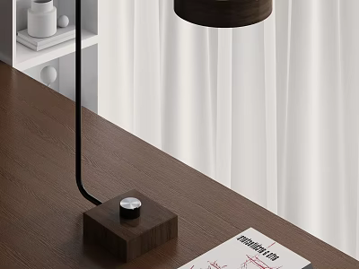 Modern Minimalist Table Lamp With Wooden Base On Wooden Desk And White Curtains 3d model